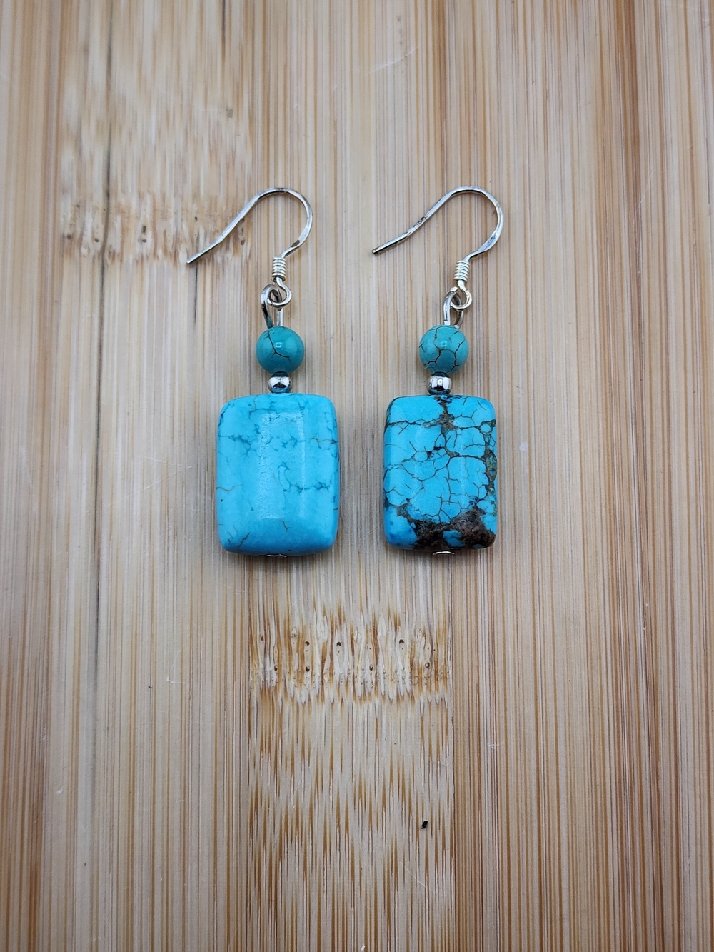 Turquoise Stone Drop Earrings - Blue Turquoise Bead Dangle 0641